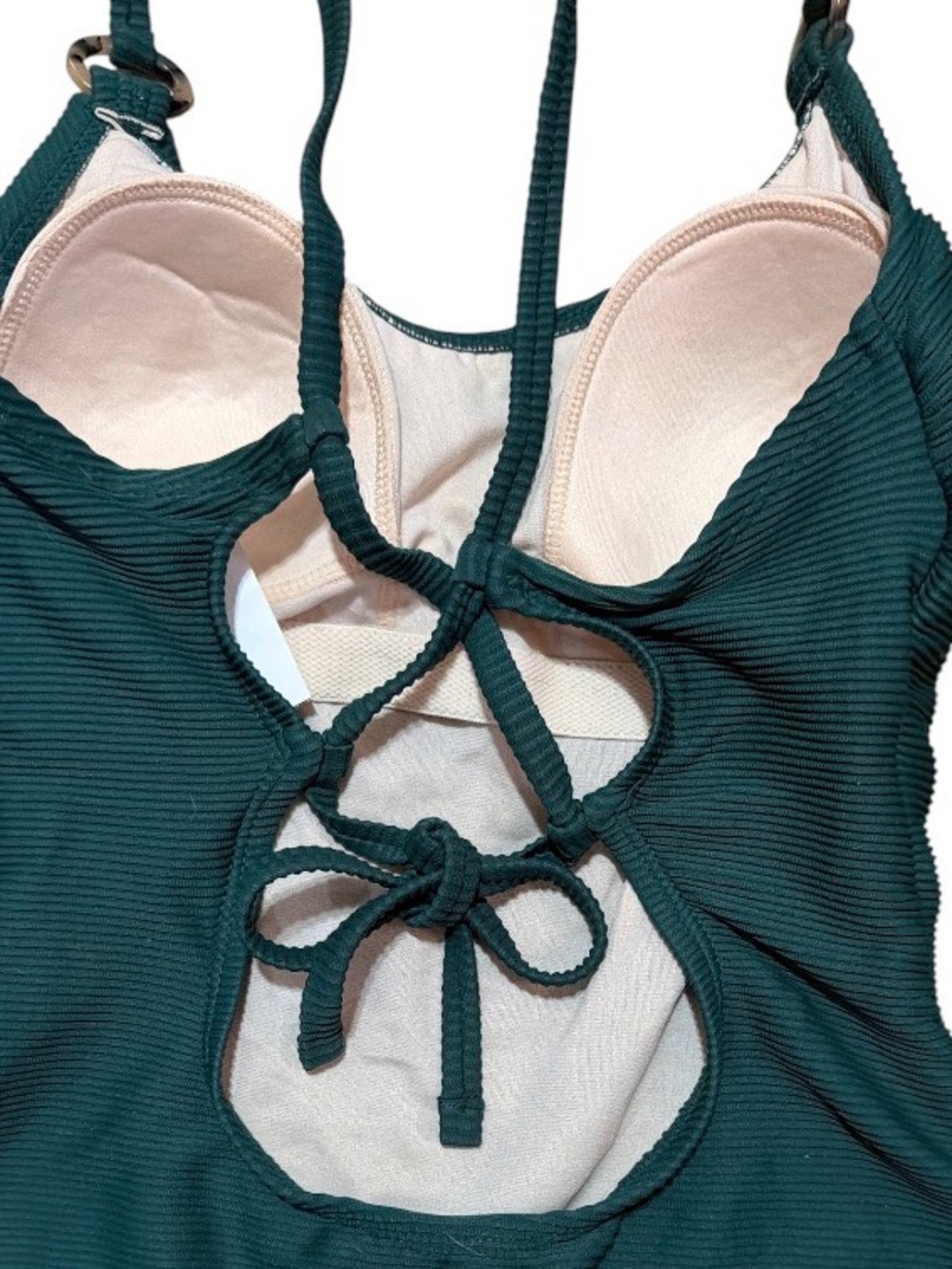 Kona Sol Ribbed One Piece Swimsuit Green Open Back Lace Up Size Small - Picture 6 of 8